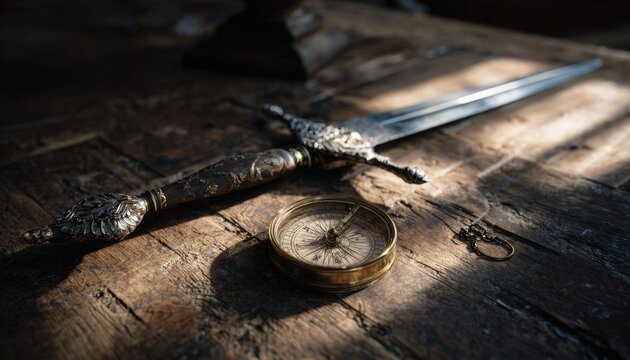 Medieval knight's ornate silver dagger and golden compass on a weathered wooden table