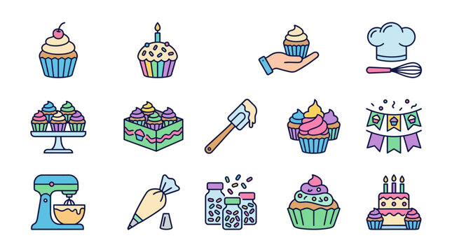 Colorful cupcake illustrations with baking tools and decor (1)
