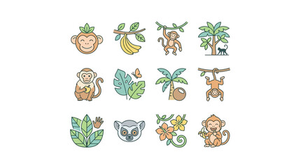 Colorful cartoon monkeys and tropical plants illustration © Muhammad Raka