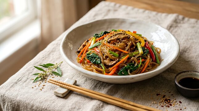 A blue and white porcelain bowl of naengmyeon,  thin buckwheat noodles in translucent amber chilled broth