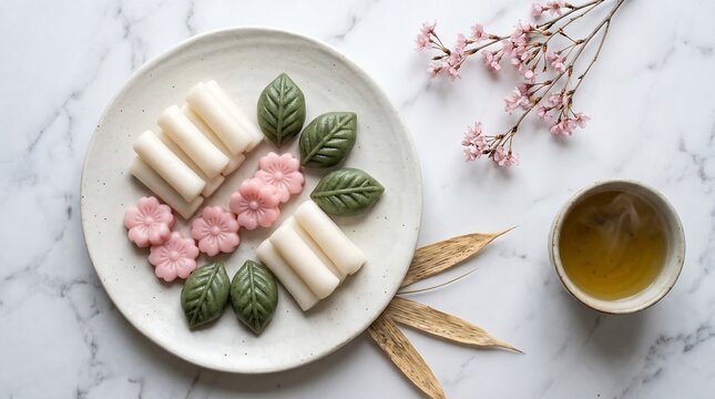 A flat off-white ceramic plate presenting a curated selection of tteok, Korean rice cakes in varied shapes