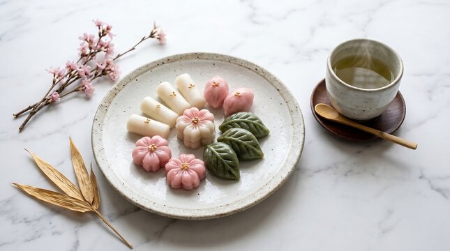 A flat off-white ceramic plate presenting a curated selection of tteok, Korean rice cakes in varied shapes