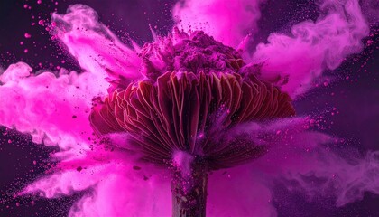 An explosion of pink and purple powder around a mushroom