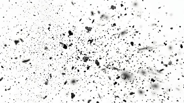 Abstract Black Particles Exploding and Scattering Against a Clean White Background