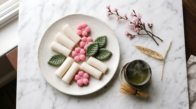 A flat off-white ceramic plate presenting a curated selection of tteok, Korean rice cakes in varied shapes