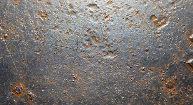 A close-up of a worn, metallic surface with rust spots and scratches