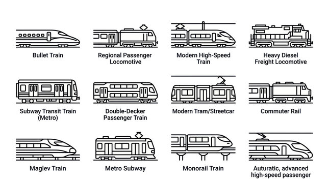 Collection of Various Train Types and Locomotives Icons