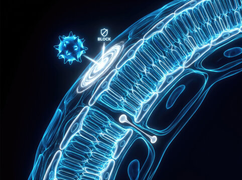 Digital illustration of blood brain barrier with virus blocking entry