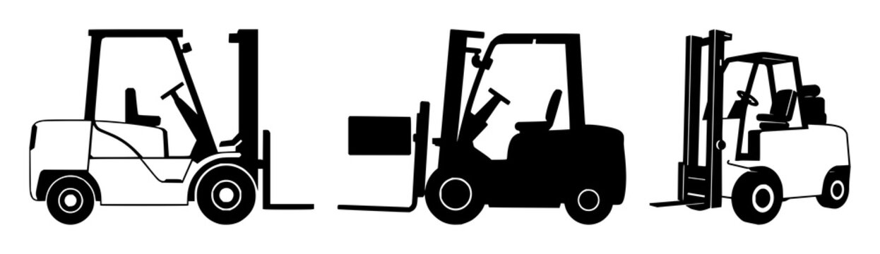 Forklift icon set with solid black silhouette on white background featuring forklift, warehouse, freight with iconography and transportation