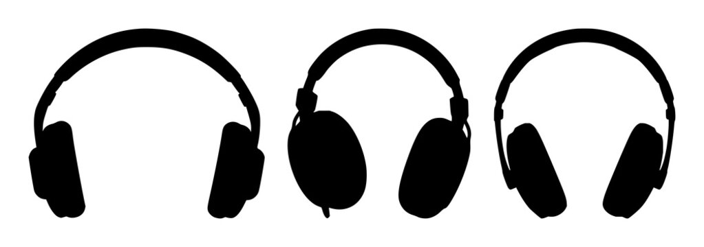 Headphones set with crisp black silhouette against pure white backdrop featuring audio equipment, electronic accessories, leisure items with design and illustration