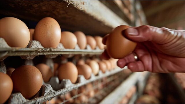 Close-up of a farmer collecting fresh brown eggs from a carton on a poultry farm