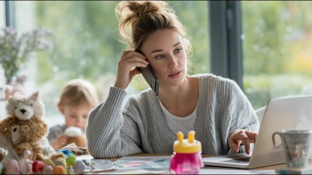 Working mother talking on the phone while her child plays in the background at home concept of busy mom working remotely
