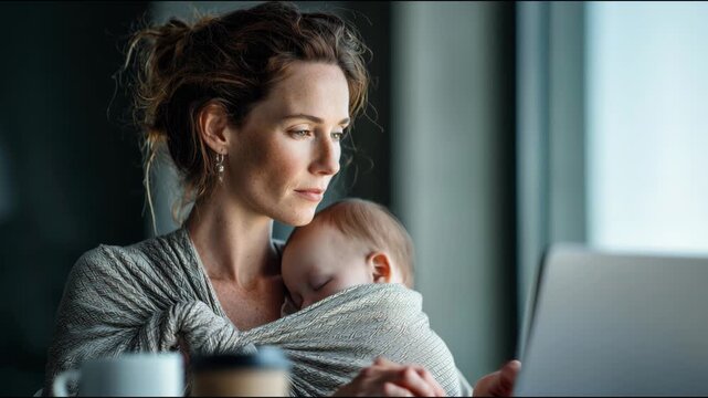 Businesswoman working from home on a laptop while her infant child sleeps in a baby sling