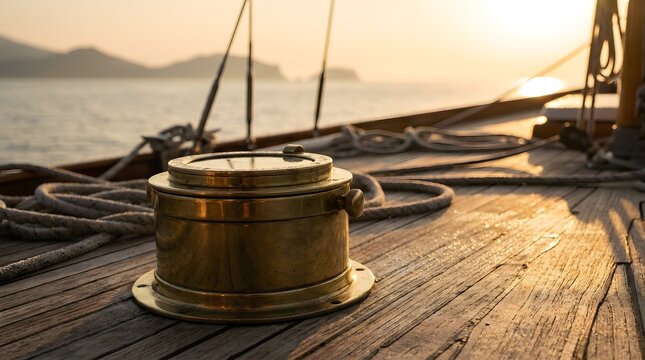 Brass Aground Bilge on Wooden Deck at Sunset
