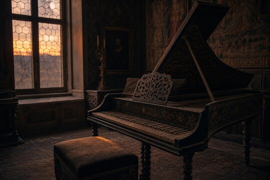 harpsichord. Quiet room in an old castle at dusk, a dusty harpsichord in warm fading light. travel magazines, destination branding, designed for travel destination branding, used by brand managers.