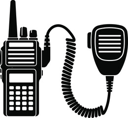 Black and white vector illustration of a professional walkie talkie radio transceiver with spiral cord and handheld microphone © MdMonowar