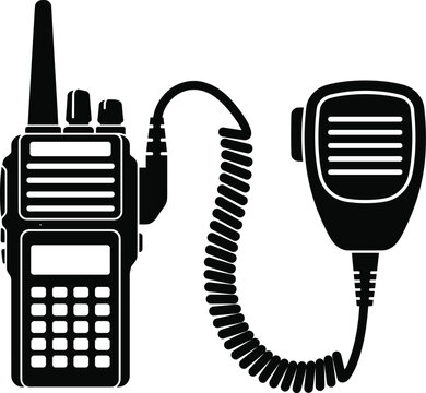 Black and white vector illustration of a professional walkie talkie radio transceiver with spiral cord and handheld microphone