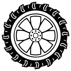 Obraz premium Outline Illustration of a Tractor Tire with Bold Tread Pattern and Central Rim