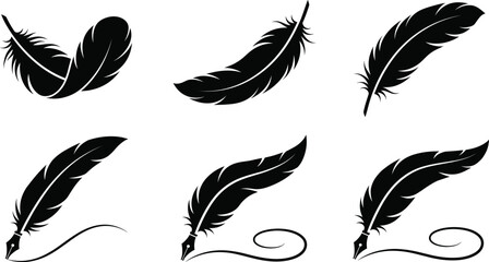 Elegant black quill feather pen silhouettes set for creative writing and vintage calligraphy design concepts on white background © MdMonowar