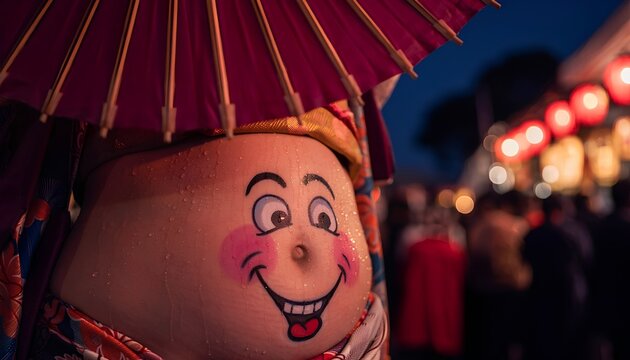 北海へそ祭りの顔絵パフォーマーを超クローズアップで撮影した夏祭り風景