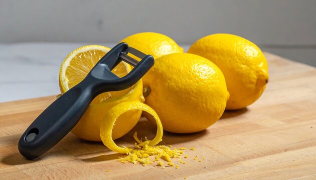 Bright yellow lemons with a peeler on a wood cutting board, with zest shavings