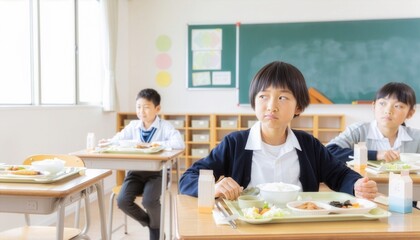 Fototapeta premium 給食の好き嫌いで困った表情をする小学生