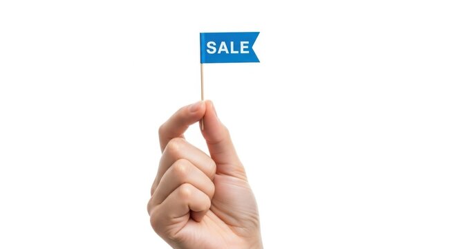 Hand holding a small blue flag with the word sale isolated on white background