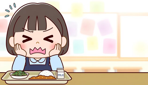 好き嫌いをしてご飯を食べたがらない女の子のイラスト