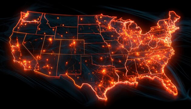 United states map with glowing orange network connections and data nodes representing technology, communication, and digital infrastructure across the country