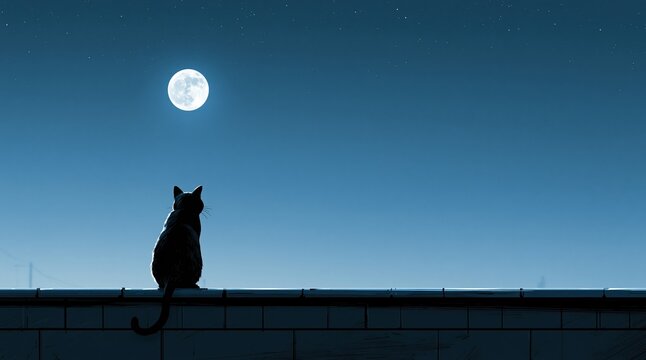 Silhouette of cat on rooftop under full moon at night