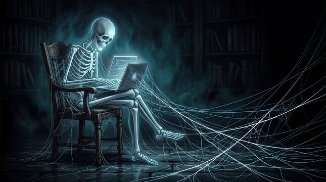 A glowing skeleton sits in a dark library working on a laptop surrounded by thick cobwebs in this eerie conceptual digital illustration of dead time