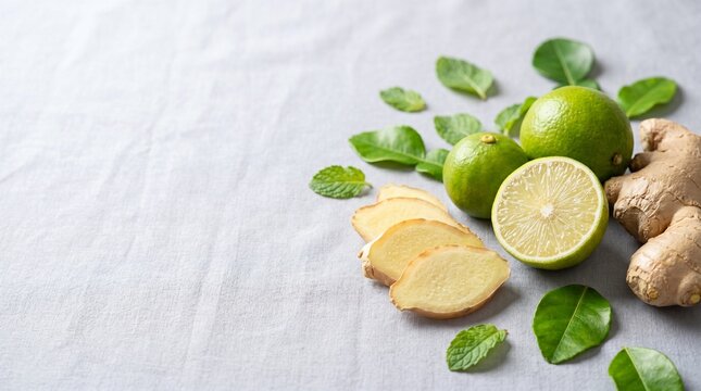 Fresh ginger root and juicy limes arranged with fragrant mint leaves on a soft textured light gray fabric background for culinary