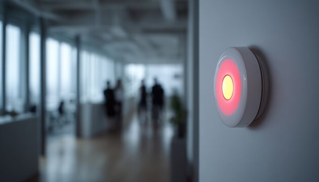 White circular device with glowing red center mounted on an office wall