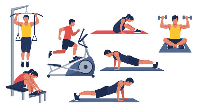 Diverse group of people performs various fitness exercises including pull-ups, running, yoga, and weight lifting.