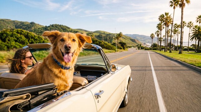Happy golden retriever enjoys a scenic summer road trip in a vintage convertible car with its owner driving along a coastal highway with palm trees