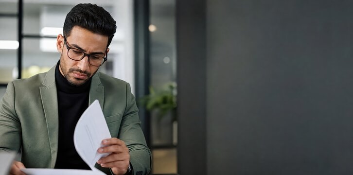 Generative AI, Concerned Middle Eastern Businessman Reading Document with Frown in Office