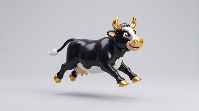 A 3d rendered cartoon cow with golden horns and hooves jumps joyfully against a clean light gray background conveying energy
