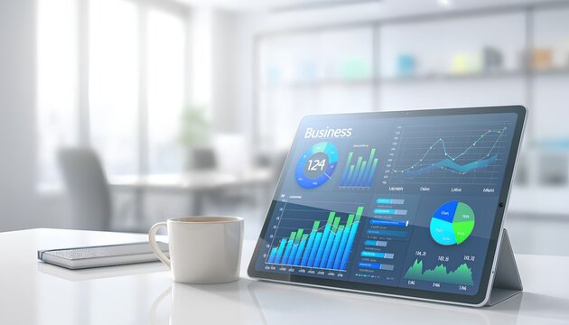 オフィスのタブレットに表示されたビジネス分析ダッシュボード