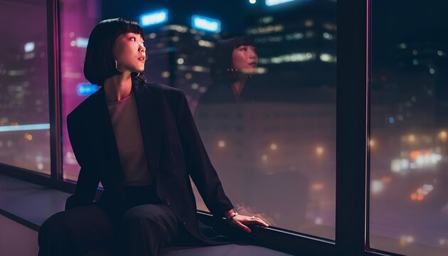 ネオン輝く都会の夜景を窓辺から見つめる若い女性
