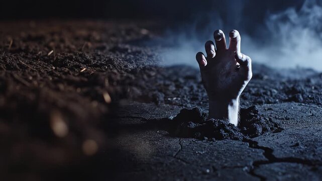 A Spooky Horror Zombie Hand Emerging From The Ground At Night With Misty Fog Effects For Halloween Theme Footage