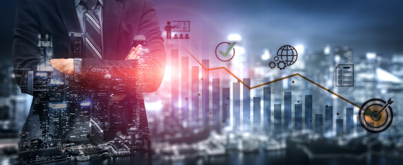Obraz premium Businessman Overlooking Cityscape with Financial Graphs and Global Icons Representing Growth and Success in a Modern Urban Environment. Bitwise.