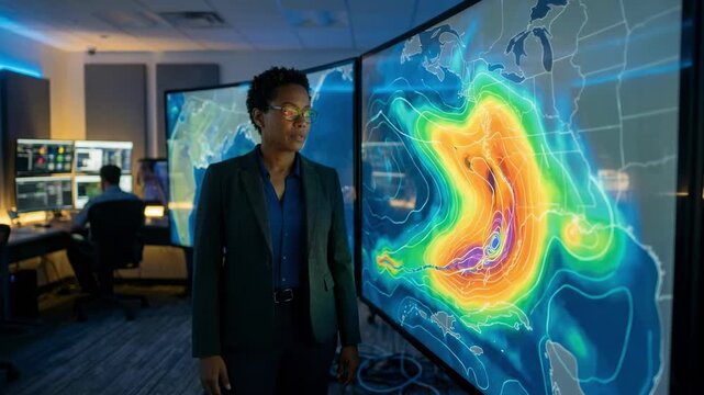 Specialist reviewing dynamic AI models for hurricane risk scenarios on expansive hightech screens predictive heatmaps clear in foreground rest of control room softly blurred.