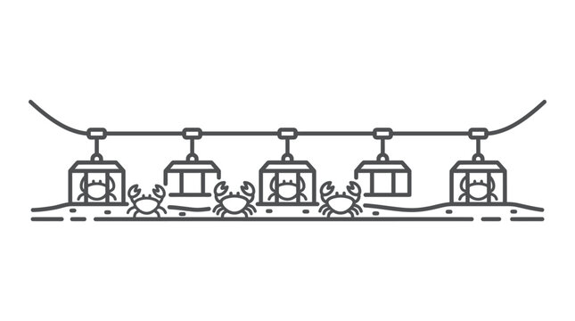 Line art illustration of crabs riding a cable car underwater.