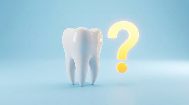 White healthy tooth standing next to a glowing yellow question mark symbol on a soft blue background representing dental care decisions