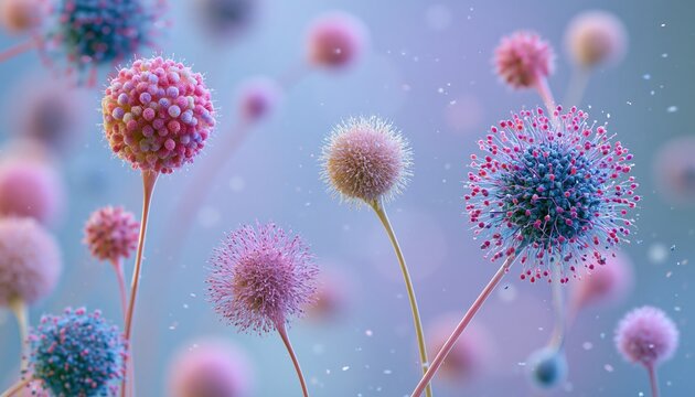 3D microscopic view of colorful bacteria spheres floating in space