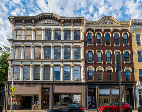 Poughkeepsie, NY - US - Jun 15, 2026 Historic Main Mall Row features stunning 19th-century Italianate architecture, vibrant downtown streets, Hudson Valley heritage, and beautiful scenic views.