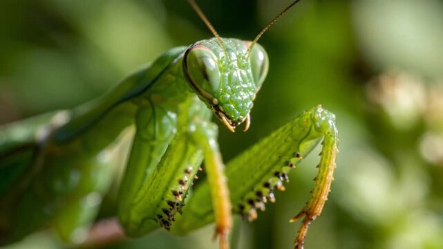 Closeup of green praying mantis insect.