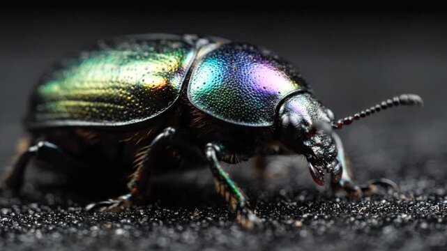 Closeup of a shiny beetle crawling.