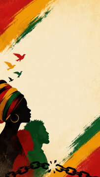 Silhouettes with colorful headwrap and birds on abstract painted background