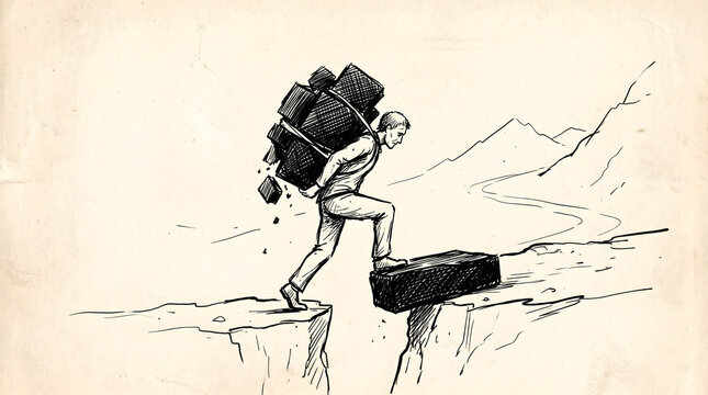A man carrying a heavy load of bricks while crossing a deep gap in a rugged mountain landscape